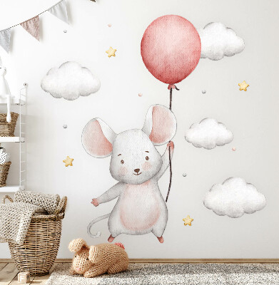 Wall sticker 60x107 Mouse with a balloon in the clouds, watercolor pastels