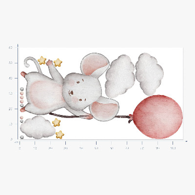 Wall sticker 60x107 Mouse with a balloon in the clouds, watercolor pastels