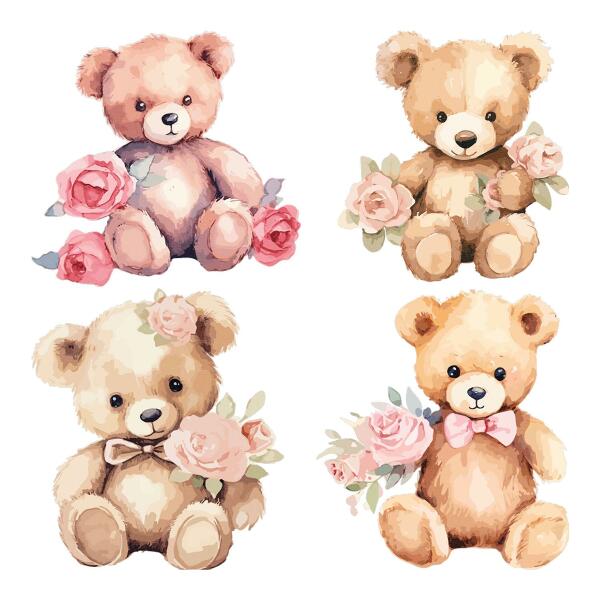 Wall sticker 60x77 Teddy bears with flowers in a watercolor style