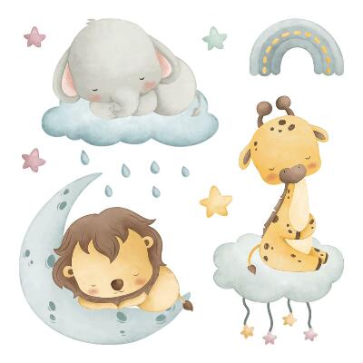 Wall sticker 60x91 Cute animals in a pastel sky