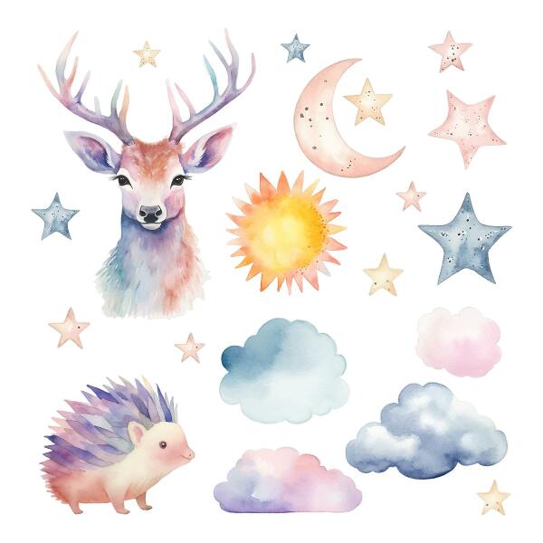 Wall sticker 60x66 Pastel watercolor animals and sky