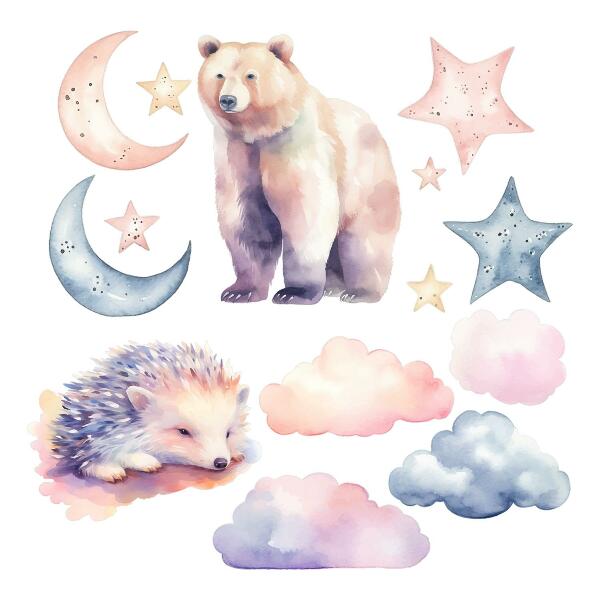Wall sticker 60x107 Cute animals under the night sky in watercolor style