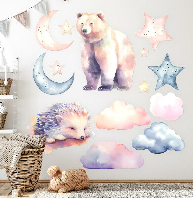 Wall sticker 60x107 Cute animals under the night sky in watercolor style