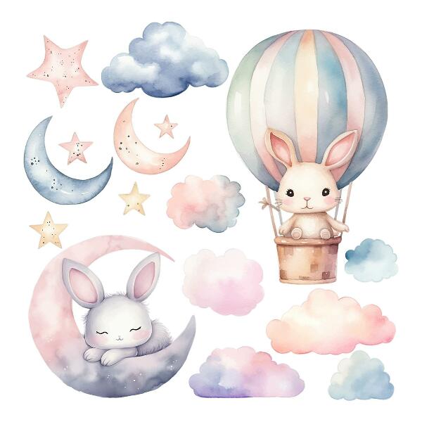 Wall sticker 60x80 Rabbits in pastel sky with balloon at night