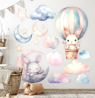 Wall sticker 60x80 Rabbits in pastel sky with balloon at night