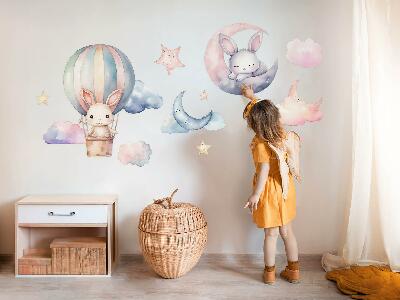 Wall sticker 60x80 Rabbits in pastel sky with balloon at night