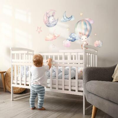 Wall sticker 60x80 Rabbits in pastel sky with balloon at night