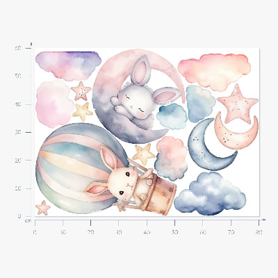 Wall sticker 60x80 Rabbits in pastel sky with balloon at night