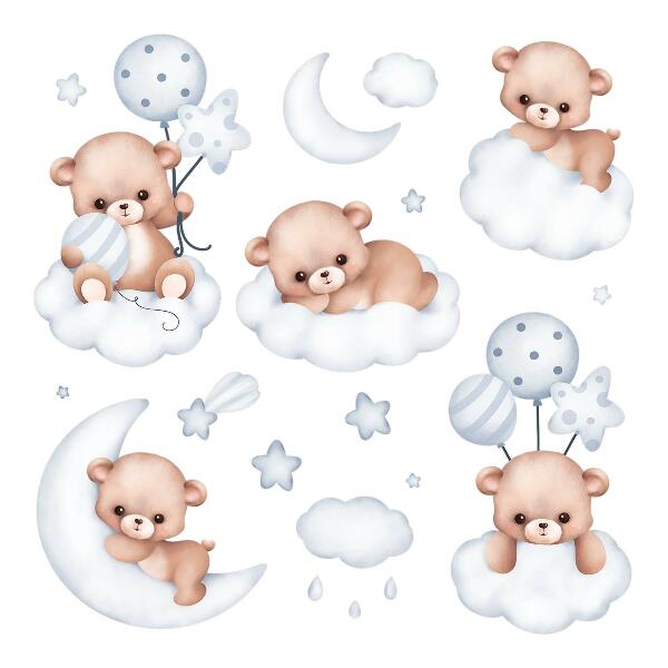 Wall sticker 60x106 Sweet teddy bears in clouds in pastel shades