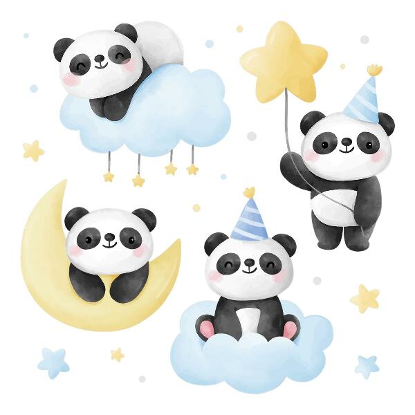 Wall sticker 60x84 Cute pandas on pastel sky in watercolor