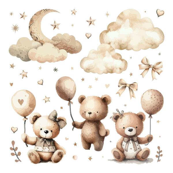 Wall sticker 60x89 Beige teddy bears in the clouds with boho balloons