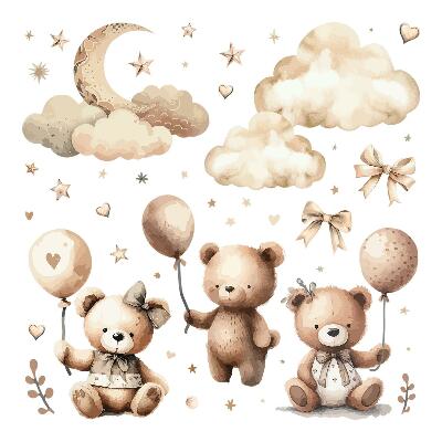 Wall sticker 60x89 Beige teddy bears in the clouds with boho balloons