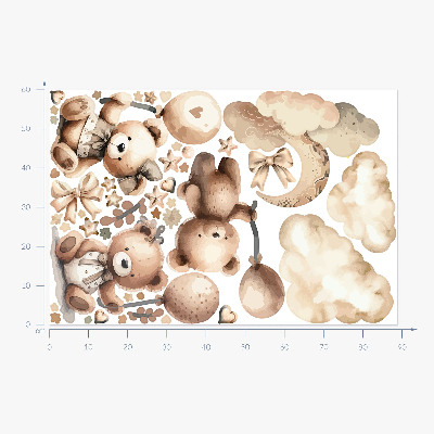 Wall sticker 60x89 Beige teddy bears in the clouds with boho balloons