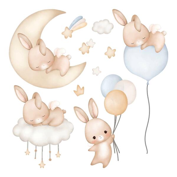 Wall sticker 60x53 Watercolor bunnies with balloons in the night sky