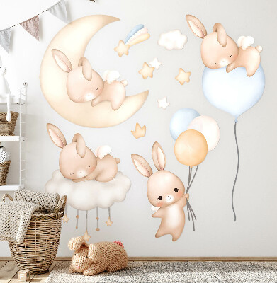 Wall sticker 60x53 Watercolor bunnies with balloons in the night sky
