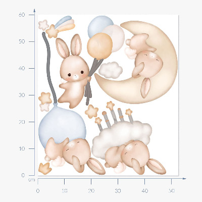 Wall sticker 60x53 Watercolor bunnies with balloons in the night sky