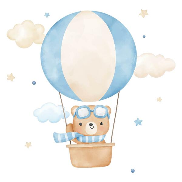 Wall sticker 60x91 Little teddy bear in a balloon in the clouds watercolor pastel