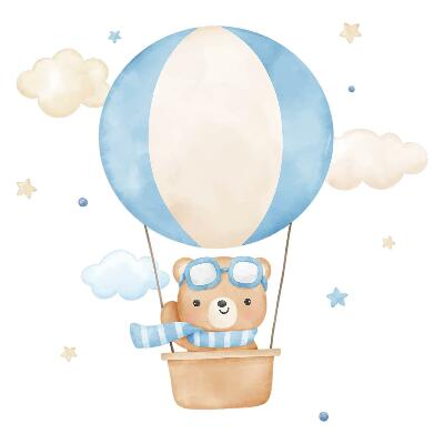 Wall sticker 60x91 Little teddy bear in a balloon in the clouds watercolor pastel