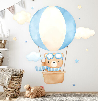 Wall sticker 60x91 Little teddy bear in a balloon in the clouds watercolor pastel