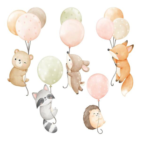 Wall sticker 60x93 Adorable animals floating in watercolor balloons