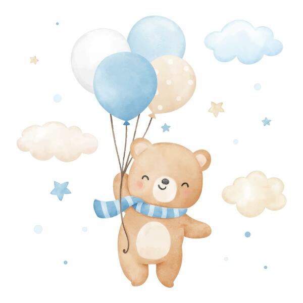 Wall sticker 60x86 Cute teddy bear with balloons in the clouds pastel watercolor