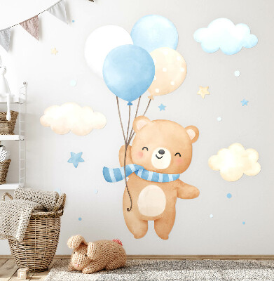 Wall sticker 60x86 Cute teddy bear with balloons in the clouds pastel watercolor