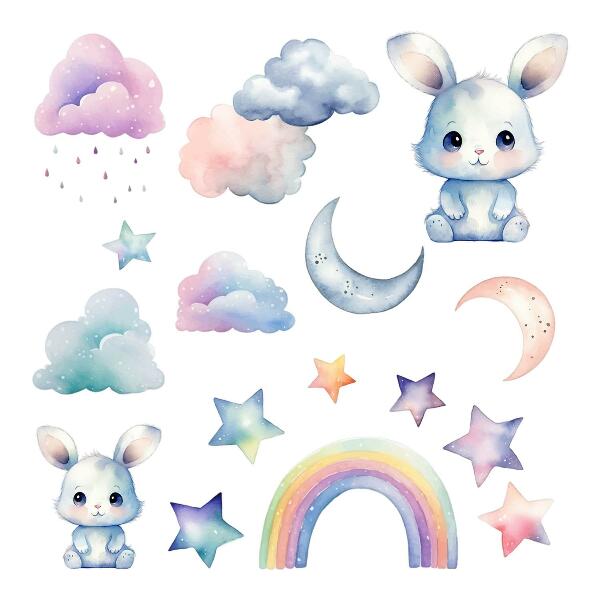 Wall sticker 60x80 Bunnies in a pastel sky with a rainbow and stars