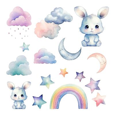 Wall sticker 60x80 Bunnies in a pastel sky with a rainbow and stars
