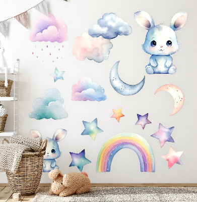 Wall sticker 60x80 Bunnies in a pastel sky with a rainbow and stars