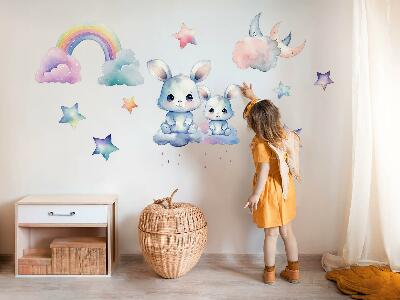 Wall sticker 60x80 Bunnies in a pastel sky with a rainbow and stars