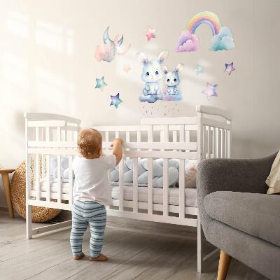 Wall sticker 60x80 Bunnies in a pastel sky with a rainbow and stars