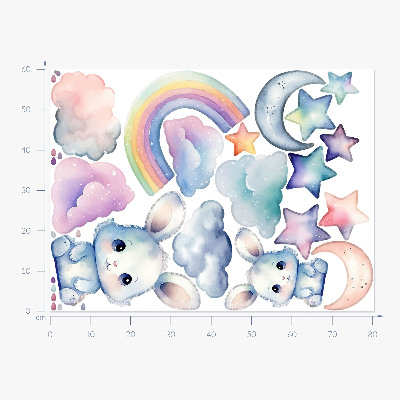 Wall sticker 60x80 Bunnies in a pastel sky with a rainbow and stars