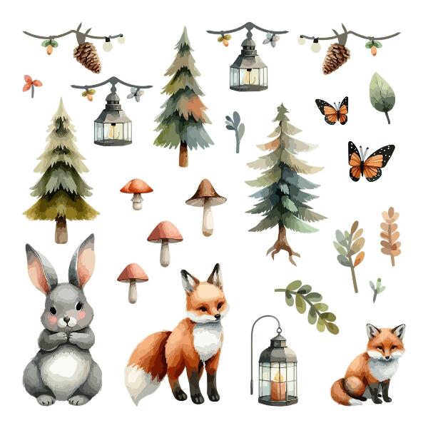 Wall sticker 60x65 Animals and plants in pastel boho watercolor