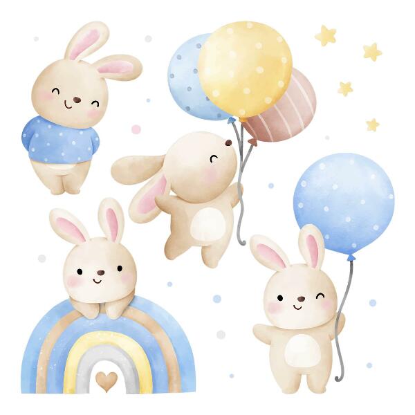 Wall sticker 60x94 Bunnies with balloons in a pastel rainbow