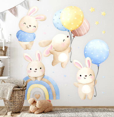 Wall sticker 60x94 Bunnies with balloons in a pastel rainbow