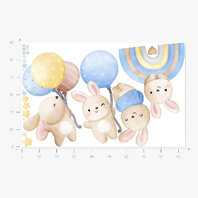 Wall sticker 60x94 Bunnies with balloons in a pastel rainbow