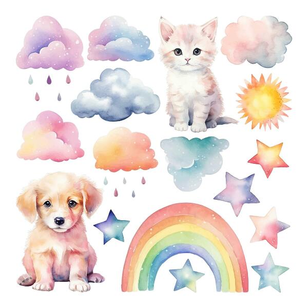 Wall sticker 60x82 Cute animals in pastel sky