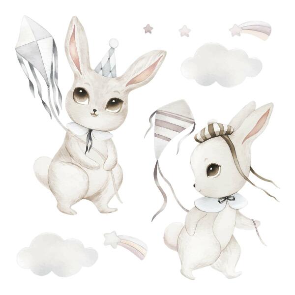 Wall sticker 60x86 Bunnies with kites in pastel boho style