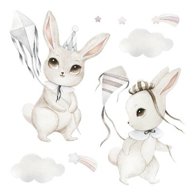 Wall sticker 60x86 Bunnies with kites in pastel boho style