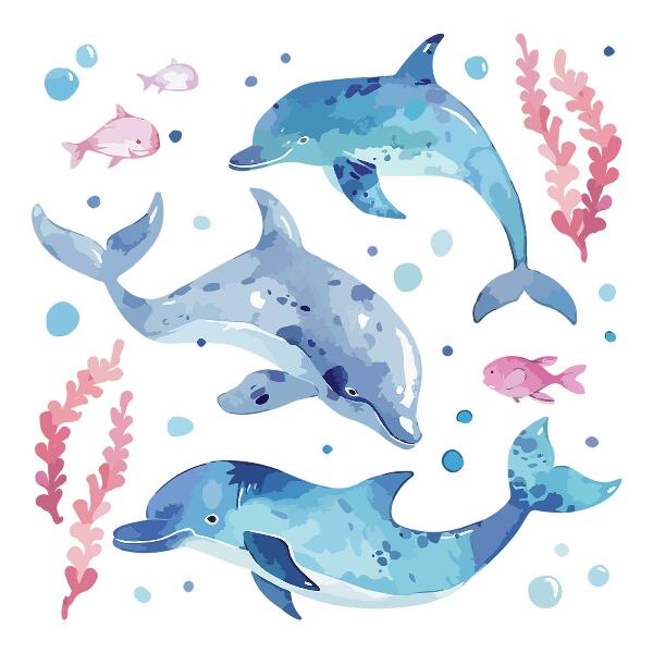 Wall sticker 60x93 Blue dolphins in a pastel underwater landscape