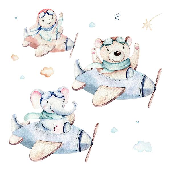 Wall sticker 60x92 Elephant teddy bear and boy in pastel planes