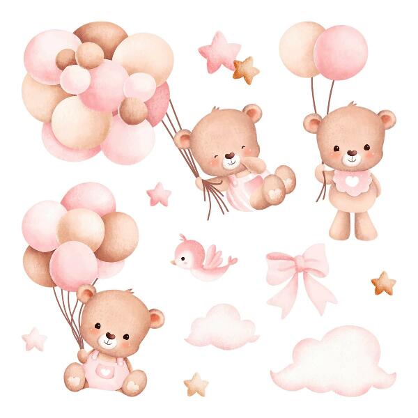 Wall sticker 60x92 Adorable teddy bears with balloons in pastel watercolor