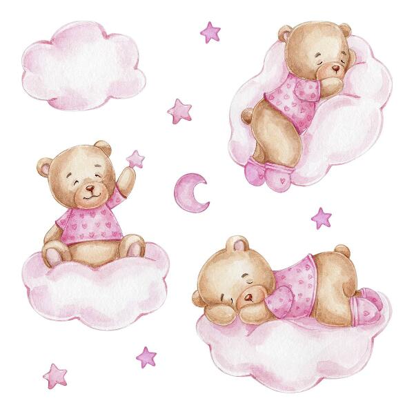 Wall sticker 60x87 Sweet teddy bears on clouds in watercolor pastels