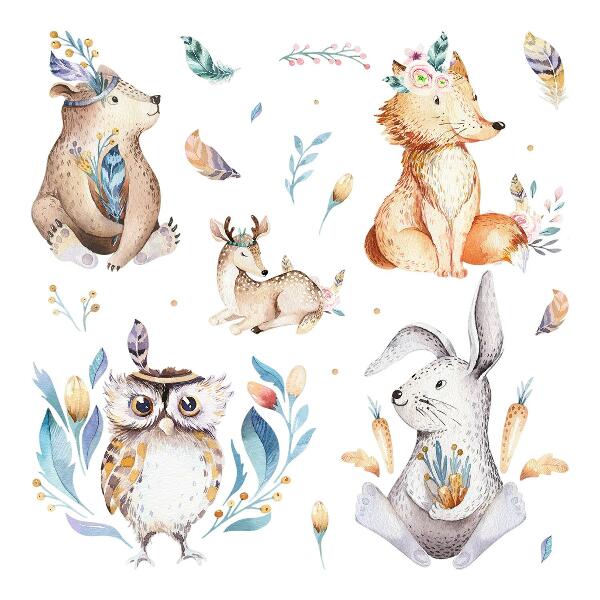 Wall sticker 60x72 Forest animals in pastels in boho style