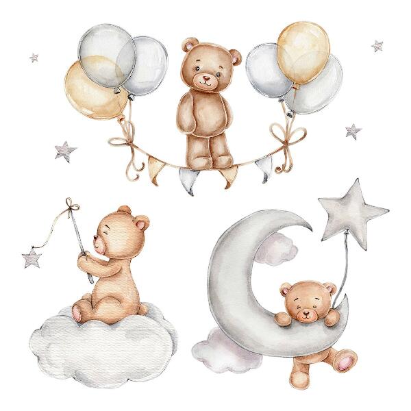 Wall sticker 60x88 Pastel teddy bears and balloons in a watercolor style