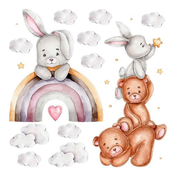Wall sticker 60x101 Pastel teddy bears and bunnies in watercolor