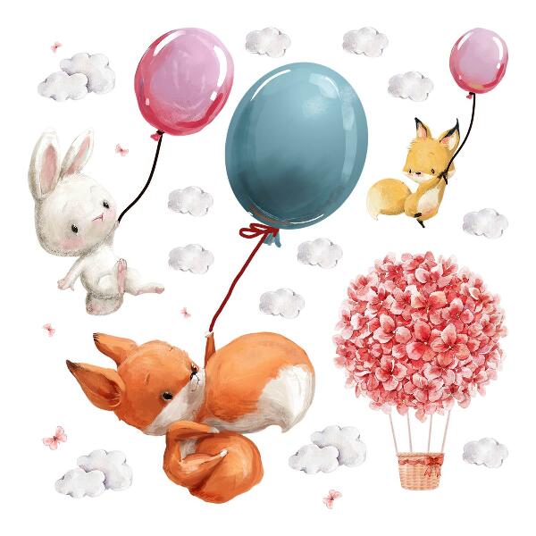 Wall sticker 60x76 Cute animals with balloons in the pastel sky