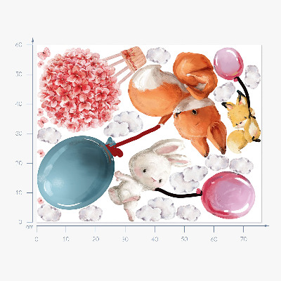 Wall sticker 60x76 Cute animals with balloons in the pastel sky