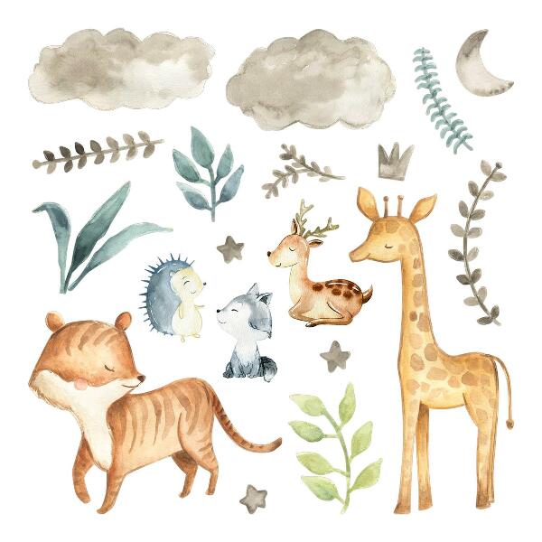 Wall sticker 60x101 Animals and plants in a delicate pastel watercolor style