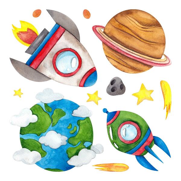 Wall sticker 60x102 Space watercolor with rockets and stars